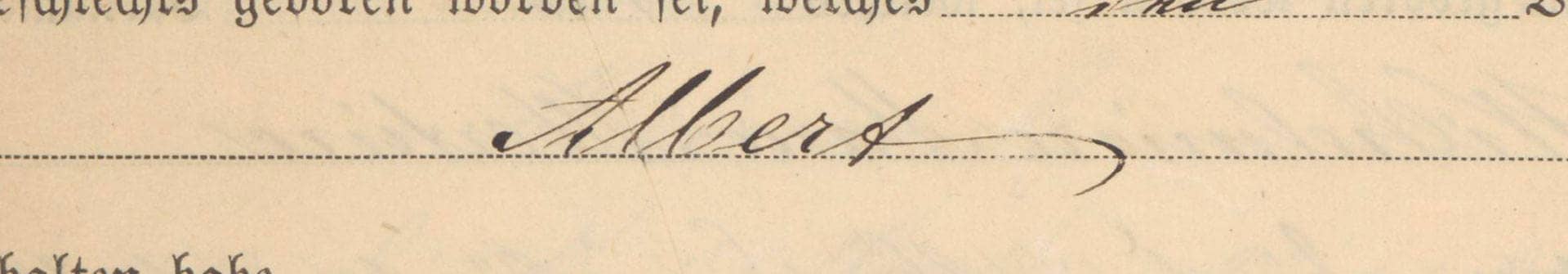 Ausschnitt eines vergilbten Briefes, auf dem der Name "Albert" geschrieben steht.